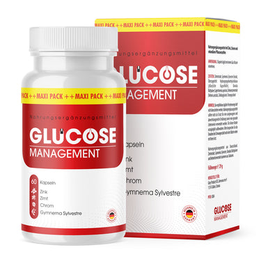 Kunststoffdose mit rotem Etikett Glucose Management, 60 Kapseln vor passender Faltschachtel